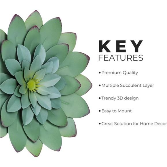 Succulent Hanging Wall Decor - Green, Hand Painted, 3D Metal Flower Art - Picture 6 of 7